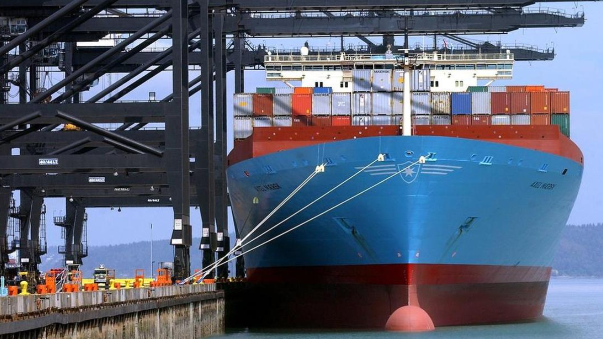 Large blue container ship docked at a port with stacked colorful containers and overhead gantry cranes.