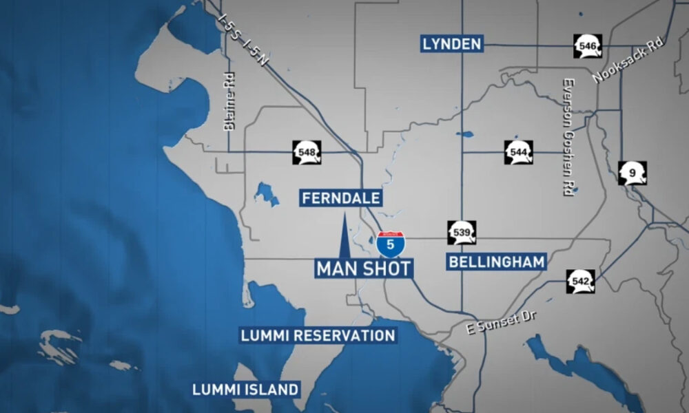 Regional map around Bellingham, WA showing Ferndale, Lummi Reservation and Island, Bellingham, Lynden, and I-5 with route markers and street labels