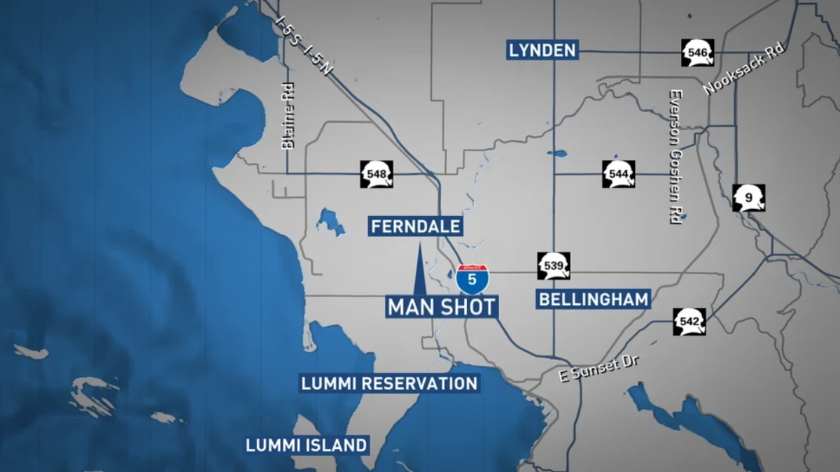 Regional map around Bellingham, WA showing Ferndale, Lummi Reservation and Island, Bellingham, Lynden, and I-5 with route markers and street labels