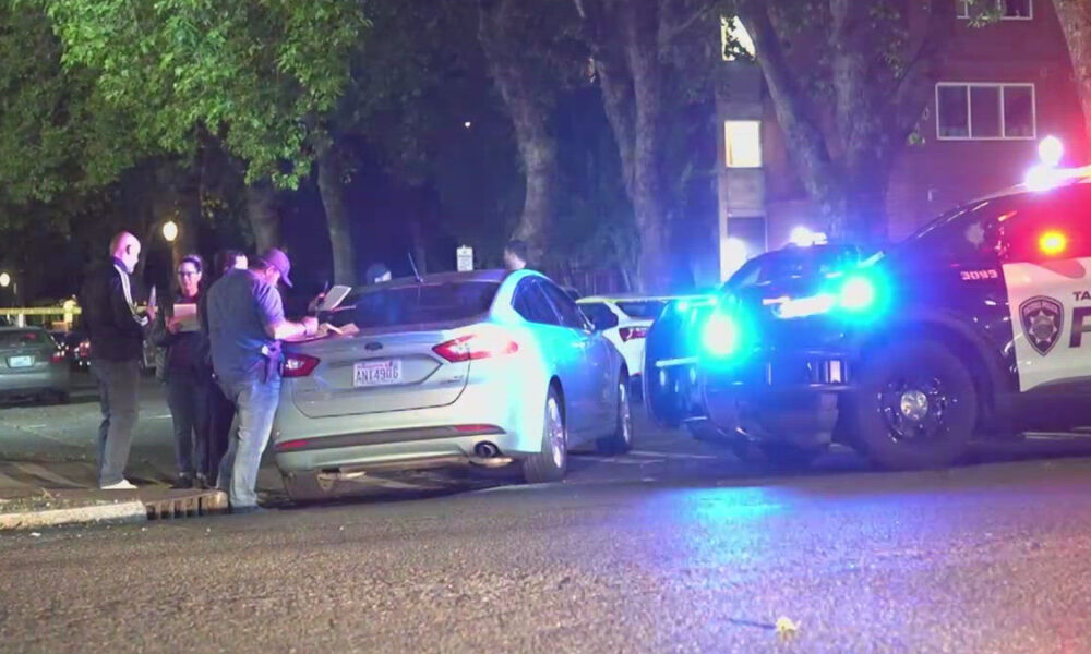 Nighttime street scene with a gray sedan stopped on the curb, police car flashing blue and red lights, and a group of people talking near the trunk.