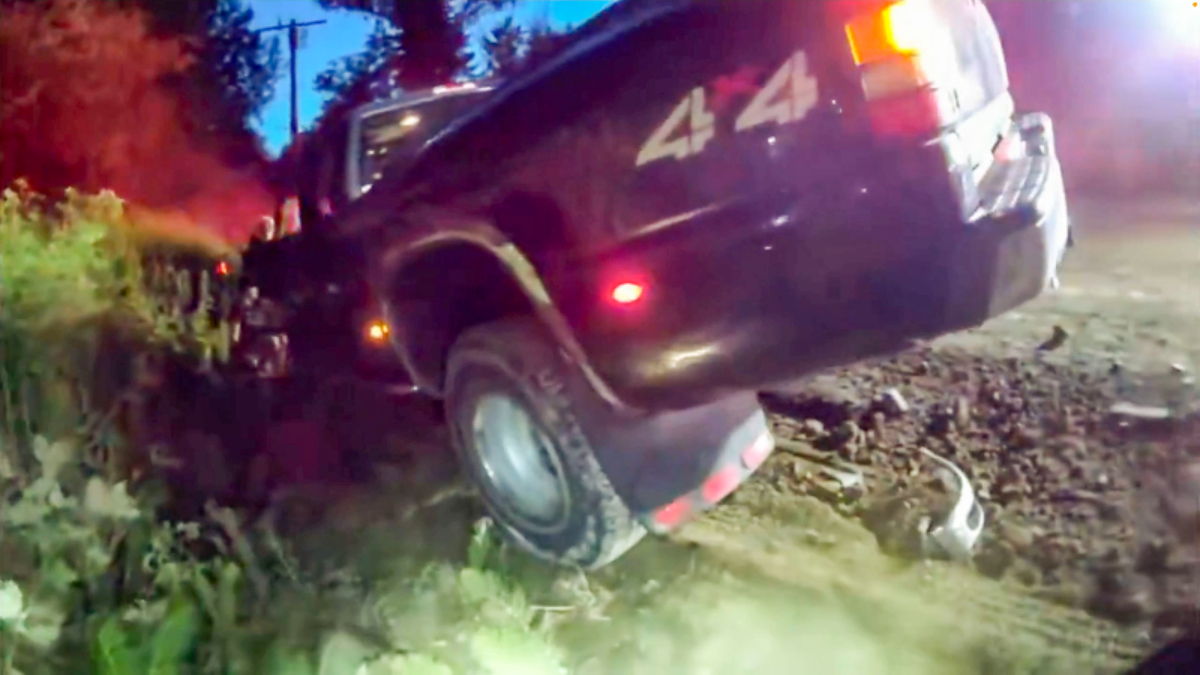Dark SUV tilted in a ditch with 44 on its side, rear lights on, mud and vegetation around at dusk/dawn.