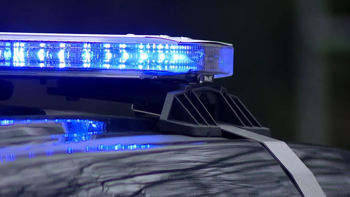 Blue flashing emergency lights on the roof of a police car, reflecting off the hood.