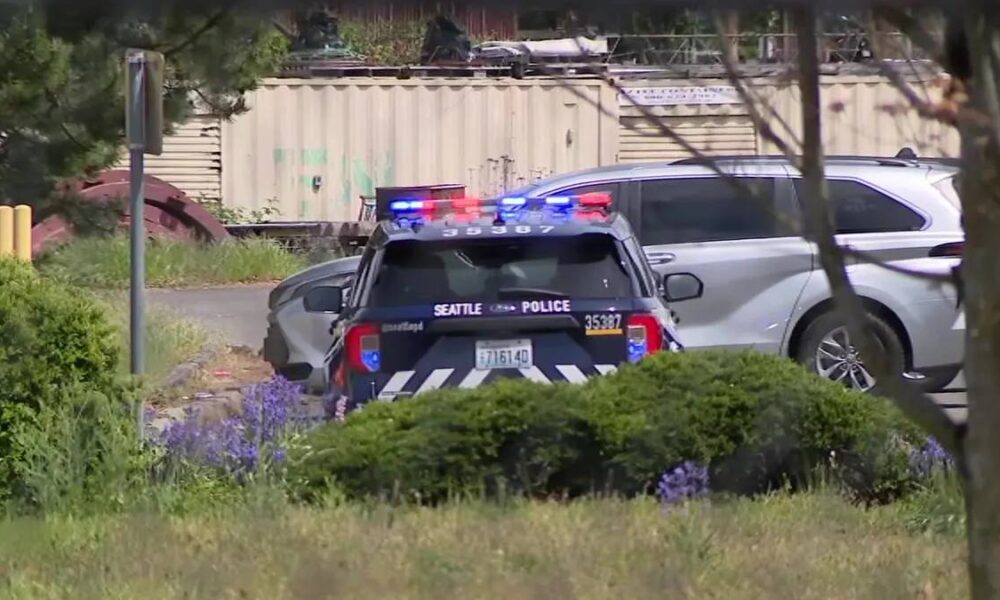 Seattle Police SUV with flashing red and blue lights in a parking lot surrounded by shrubs and a gray SUV nearby