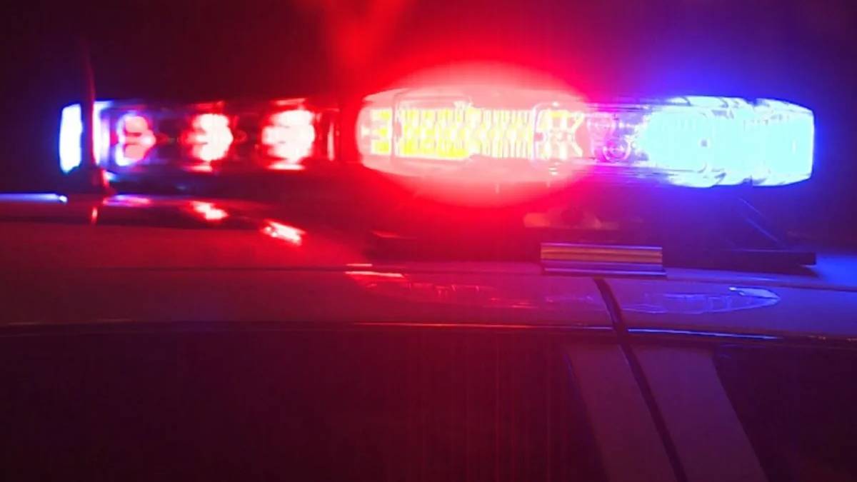 Police car roof lights flashing red and blue at night, indicating an emergency
