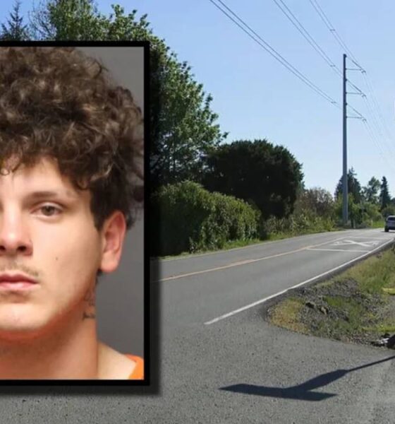 Mugshot of a young man with curly hair and a neck tattoo, overlaid on a suburban street scene.