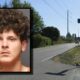 Mugshot of a young man with curly hair and a neck tattoo, overlaid on a suburban street scene.