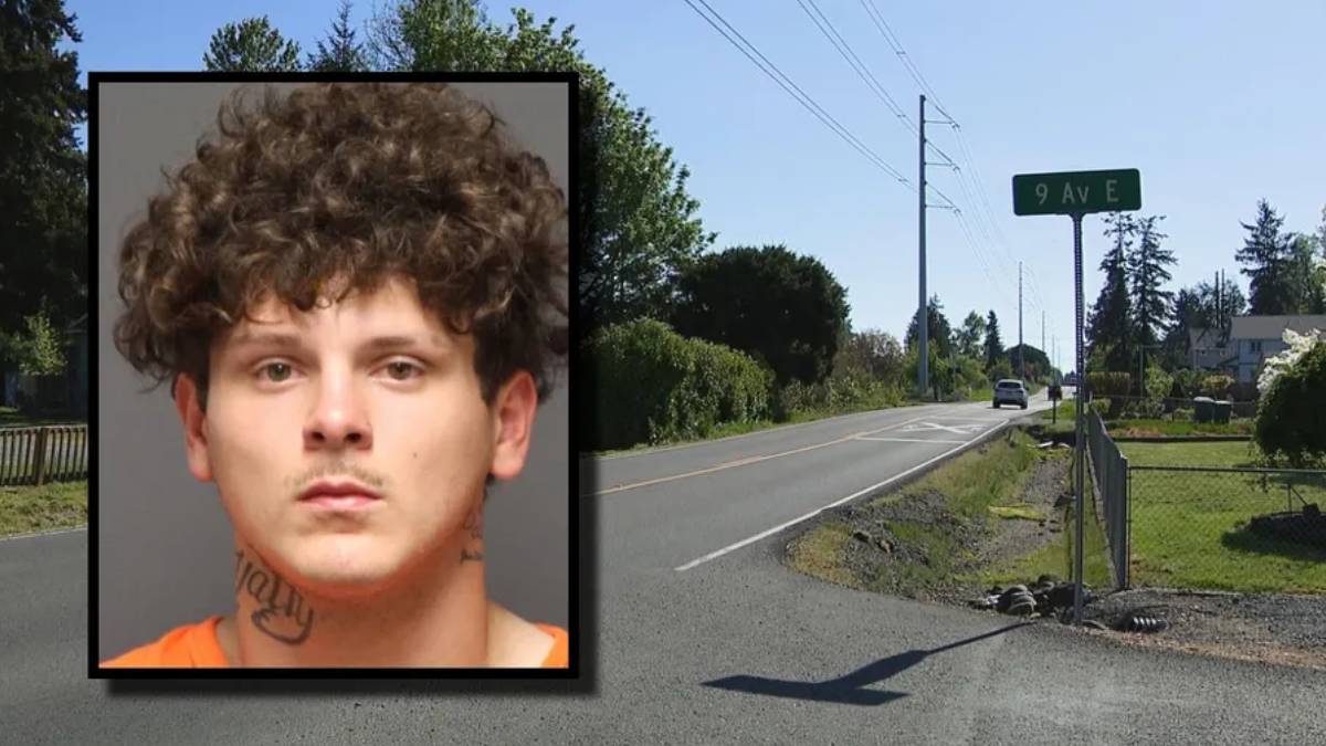 Mugshot of a young man with curly hair and a neck tattoo, overlaid on a suburban street scene.