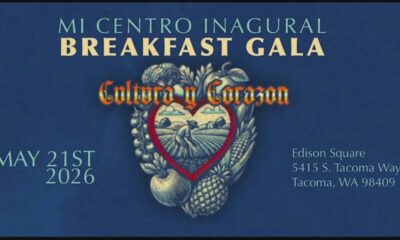 Blue invitation poster for Mi Centro Inaugural Breakfast Gala featuring a heart-shaped farm scene illustration; includes date May 21st, 2026 and Tacoma, WA address.