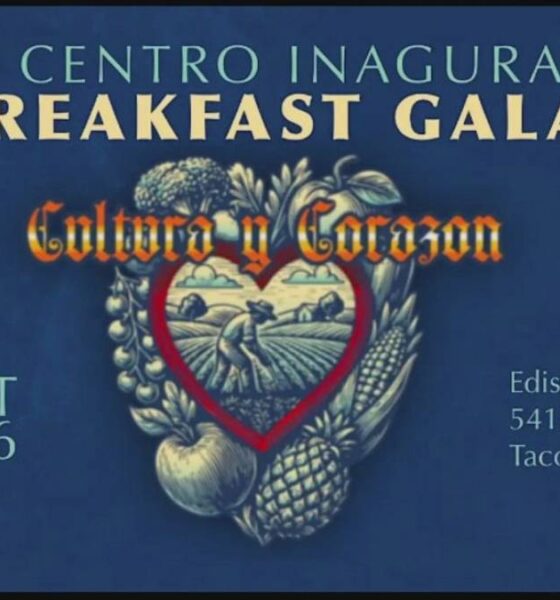 Blue invitation poster for Mi Centro Inaugural Breakfast Gala featuring a heart-shaped farm scene illustration; includes date May 21st, 2026 and Tacoma, WA address.