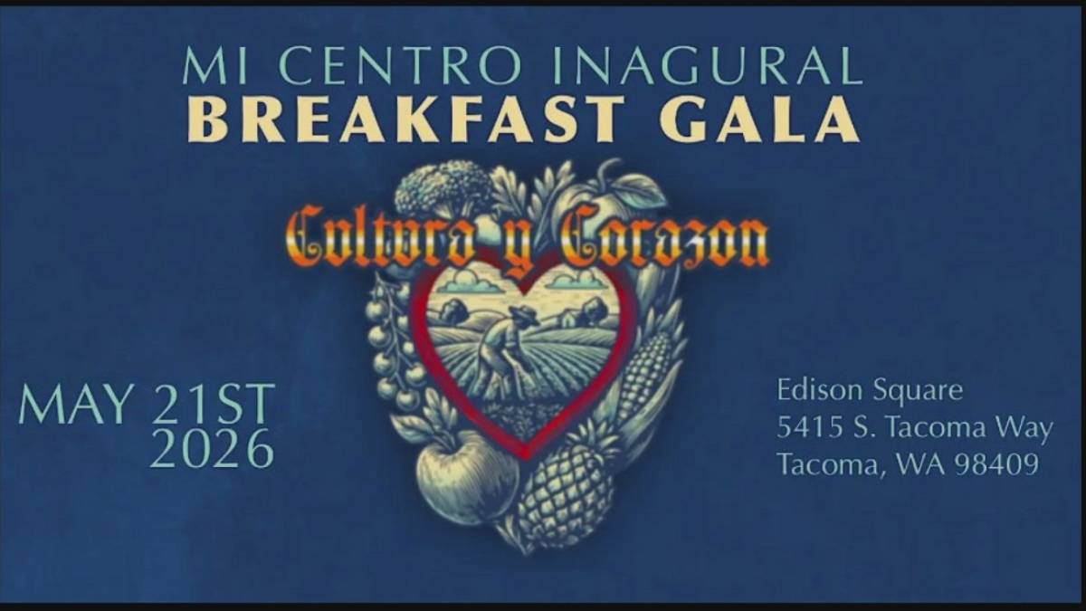 Blue invitation poster for Mi Centro Inaugural Breakfast Gala featuring a heart-shaped farm scene illustration; includes date May 21st, 2026 and Tacoma, WA address.