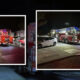 Night scene with two fire trucks in a parking lot, emergency lights flashing, surrounded by parked cars (collage-style).