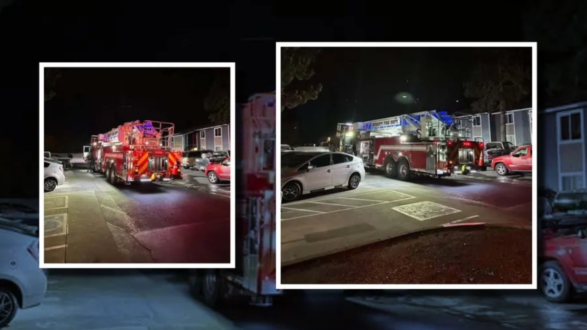 Night scene with two fire trucks in a parking lot, emergency lights flashing, surrounded by parked cars (collage-style).