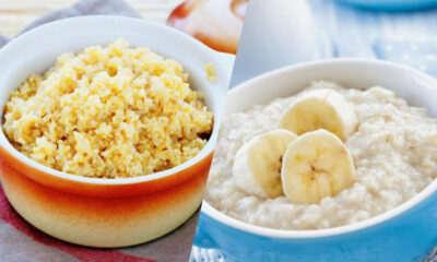 Split image of breakfast: scrambled eggs in an orange bowl on the left, banana-topped oatmeal in a blue bowl on the right.