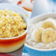 Split image of breakfast: scrambled eggs in an orange bowl on the left, banana-topped oatmeal in a blue bowl on the right.
