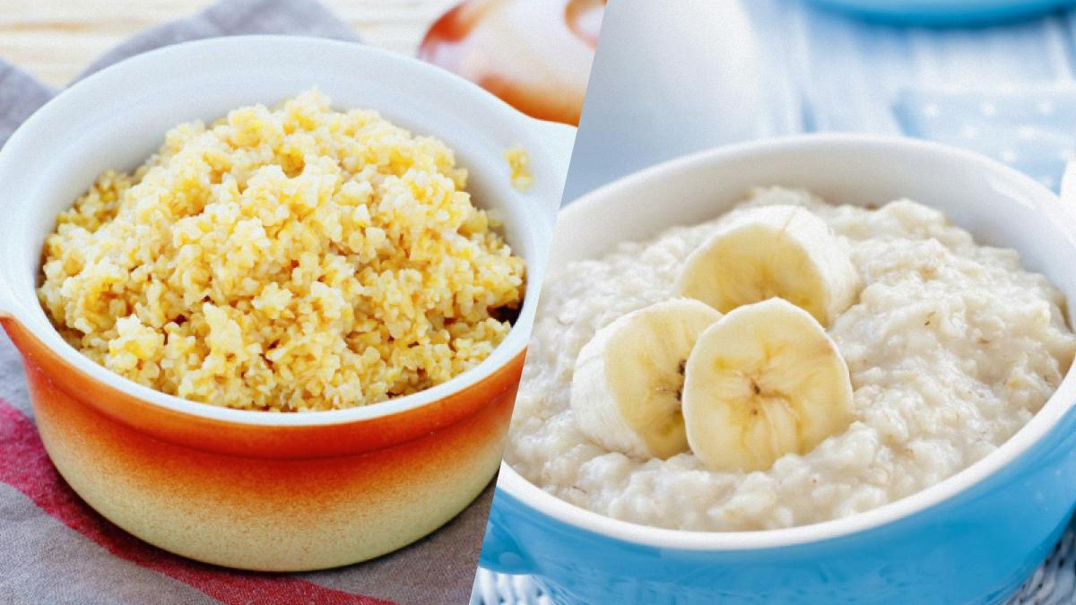 Split image of breakfast: scrambled eggs in an orange bowl on the left, banana-topped oatmeal in a blue bowl on the right.