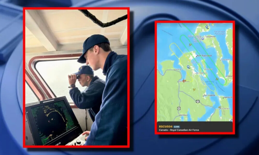 Two sailors on a ship's bridge use binoculars while another stands by a radar screen.
