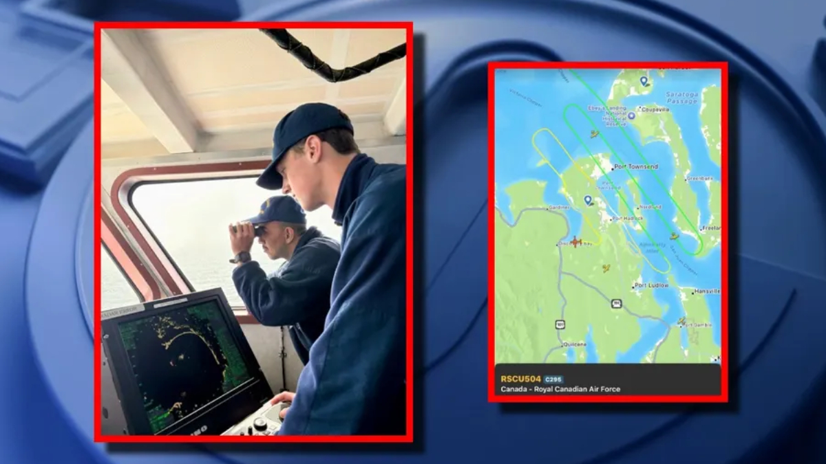 Two sailors on a ship's bridge use binoculars while another stands by a radar screen.