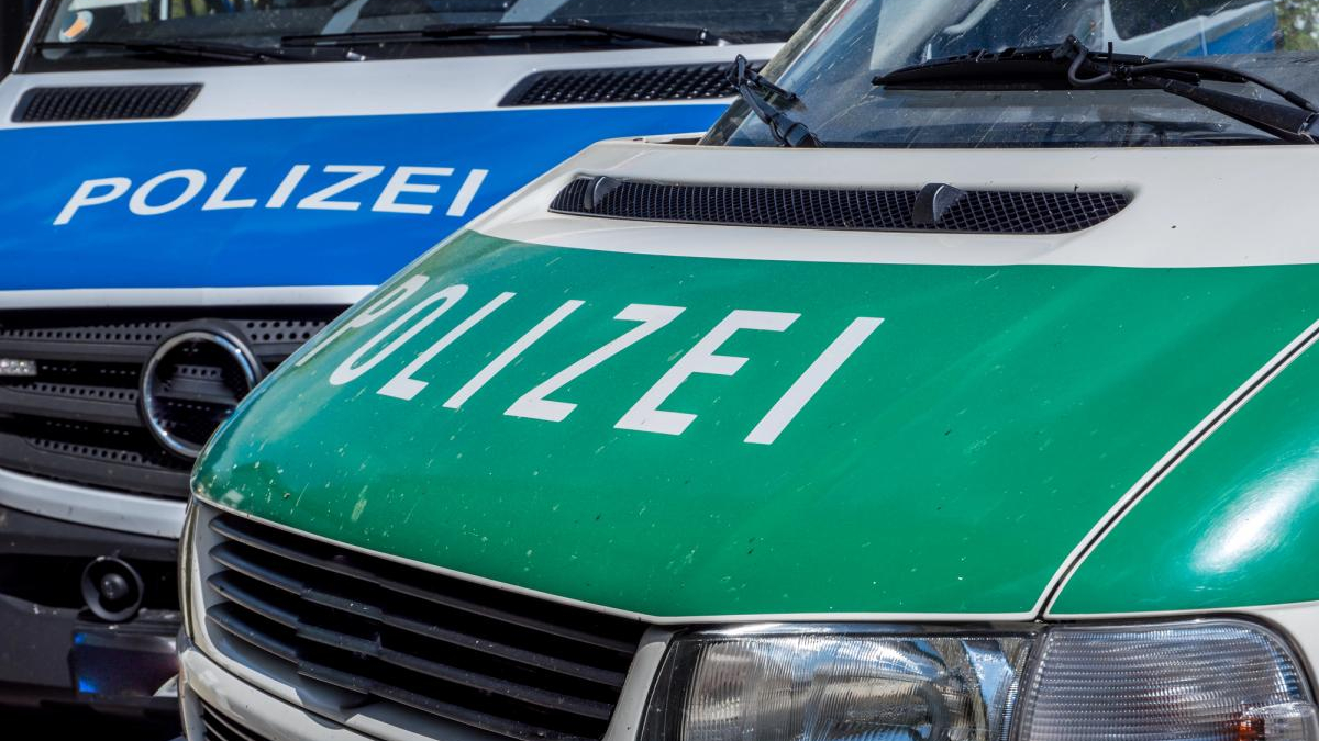 Close-up of two German police vans, green and blue fronts with 'POLIZEI' lettering.