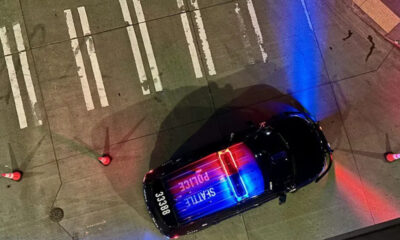Top-down view of a police car with red and blue lights on, seen from above on a street with orange cones; text POLICE/STATE visible on the roof.