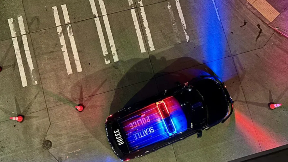 Top-down view of a police car with red and blue lights on, seen from above on a street with orange cones; text POLICE/STATE visible on the roof.