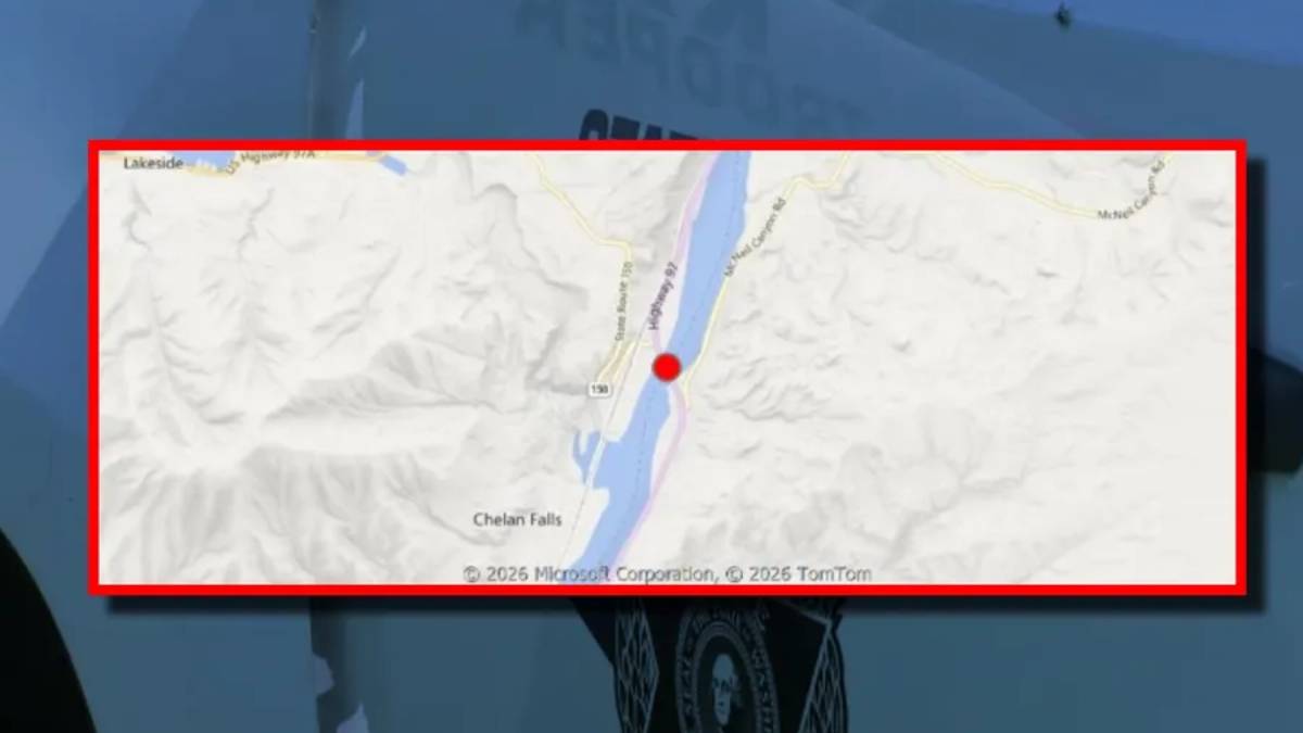 Map showing a river with a red location pin on the river crossing, likely marking a point of interest or incident location.