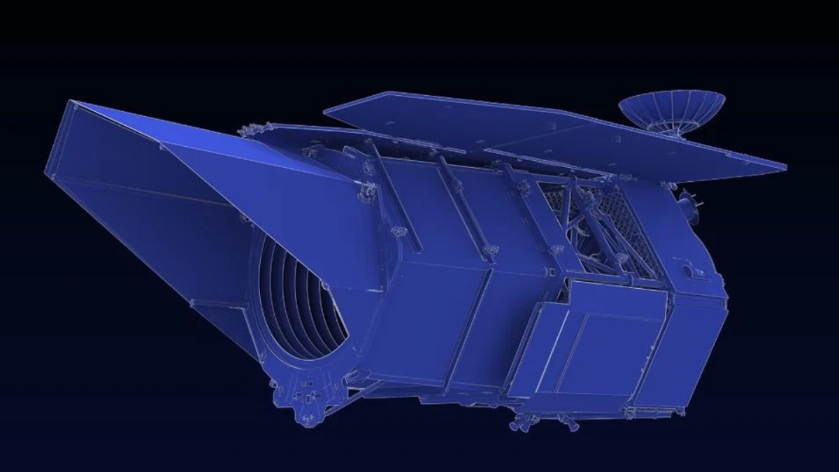 Blue 3D wireframe model of a spacecraft with a large circular intake, flat panels, and a top dish antenna.