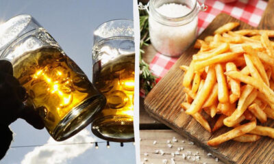 Split image: left shows two beer mugs clinking; right shows a platter of fries on a wooden board with a salt shaker in the background.]','Split image: clinking beer mugs on the left and a serving of golden French fries on a rustic board on the right.