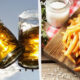 Split image: left shows two beer mugs clinking; right shows a platter of fries on a wooden board with a salt shaker in the background.]','Split image: clinking beer mugs on the left and a serving of golden French fries on a rustic board on the right.