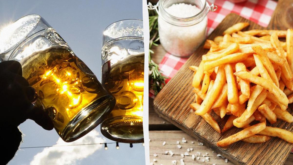 Split image: left shows two beer mugs clinking; right shows a platter of fries on a wooden board with a salt shaker in the background.]','Split image: clinking beer mugs on the left and a serving of golden French fries on a rustic board on the right.