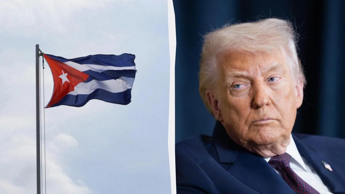 Cuban flag waving on a flagpole on the left, and a close-up portrait of former U.S. president Donald Trump in a dark suit on the right.