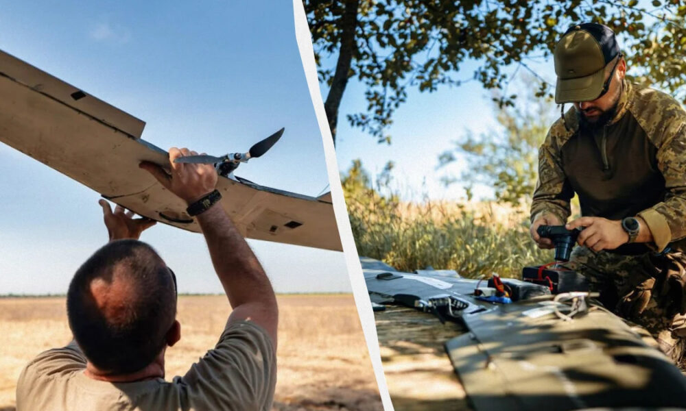 Person in a field raises a small prop plane, while a soldier in camouflage assembles a drone on a table in a split-screen scene.