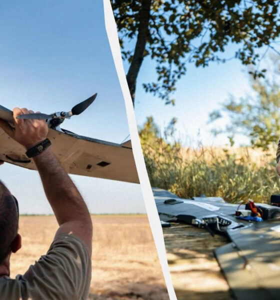 Person in a field raises a small prop plane, while a soldier in camouflage assembles a drone on a table in a split-screen scene.