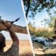 Person in a field raises a small prop plane, while a soldier in camouflage assembles a drone on a table in a split-screen scene.