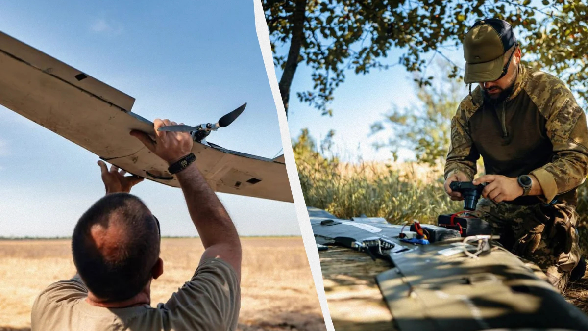 Person in a field raises a small prop plane, while a soldier in camouflage assembles a drone on a table in a split-screen scene.