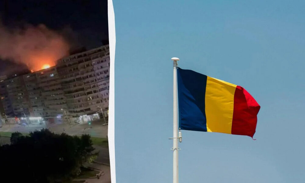 Left: a multi-story building on fire at night; right: a Romanian flag fluttering on a flagpole against a blue sky.