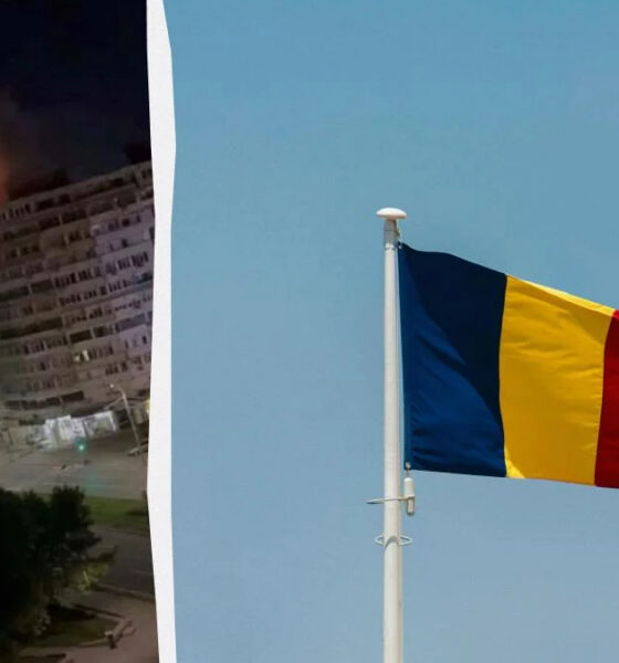 Left: a multi-story building on fire at night; right: a Romanian flag fluttering on a flagpole against a blue sky.