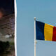 Left: a multi-story building on fire at night; right: a Romanian flag fluttering on a flagpole against a blue sky.