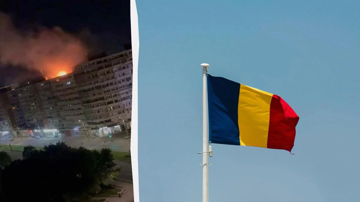 Left: a multi-story building on fire at night; right: a Romanian flag fluttering on a flagpole against a blue sky.