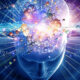 Abstract illustration of a human head with a glowing brain, neural networks, and data streams representing neuroscience or AI concepts.