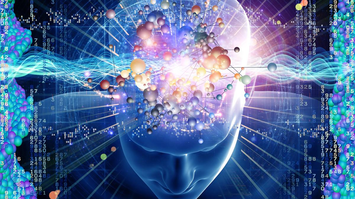 Abstract illustration of a human head with a glowing brain, neural networks, and data streams representing neuroscience or AI concepts.