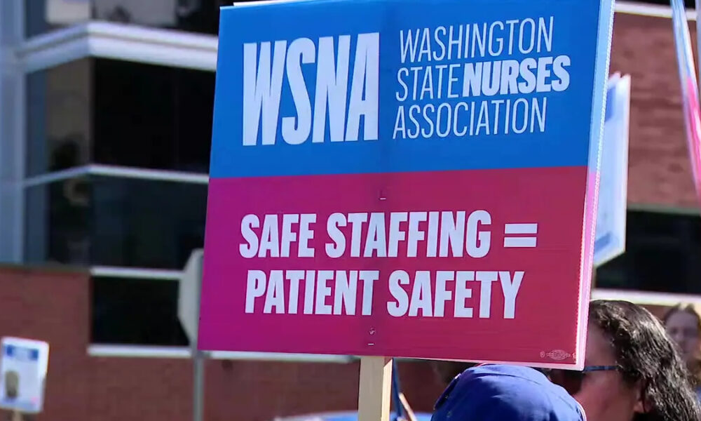 Blue and pink protest sign reading 'WSNA Washington State Nurses Association' and 'Safe staffing = patient safety'.