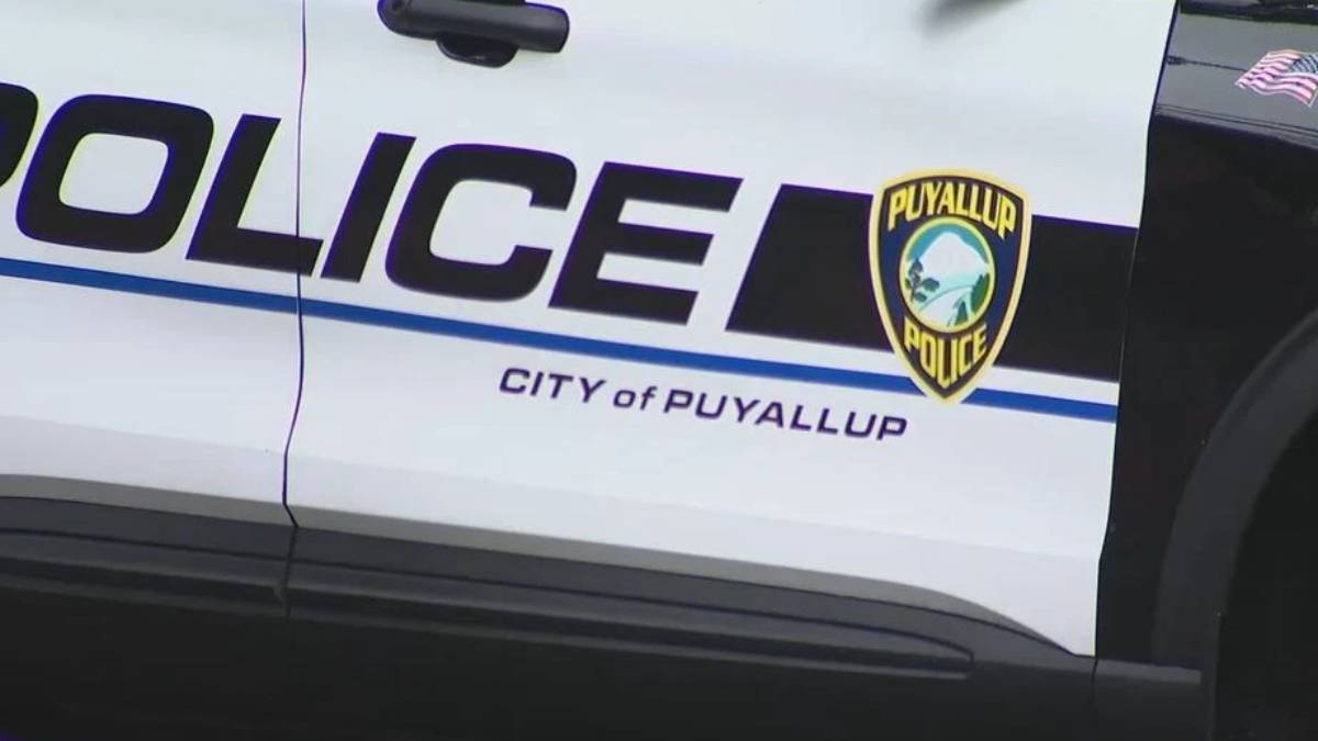 Puyallup Police car door with 'POLICE' lettering and city badge, blue stripe along white vehicle, partial American flag on rear edge.