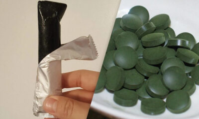 Split image: left shows a hand holding a foil-wrapped cylindrical item with a black end; right shows green round tablets on a white plate.