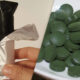 Split image: left shows a hand holding a foil-wrapped cylindrical item with a black end; right shows green round tablets on a white plate.