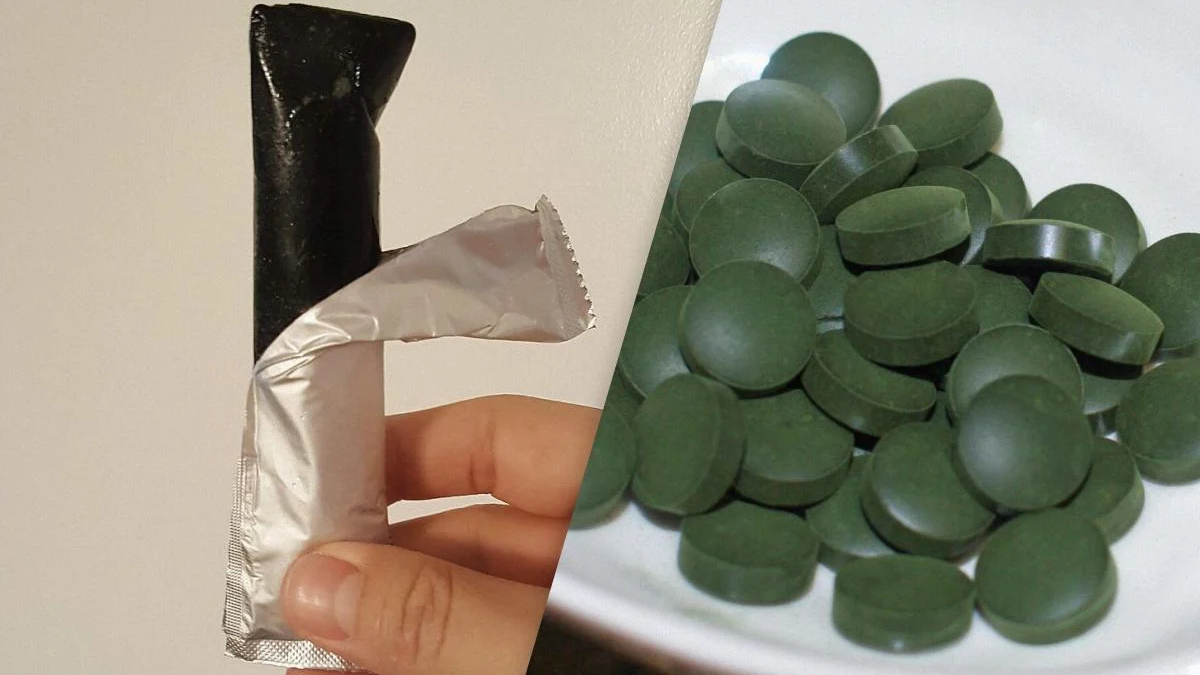 Split image: left shows a hand holding a foil-wrapped cylindrical item with a black end; right shows green round tablets on a white plate.