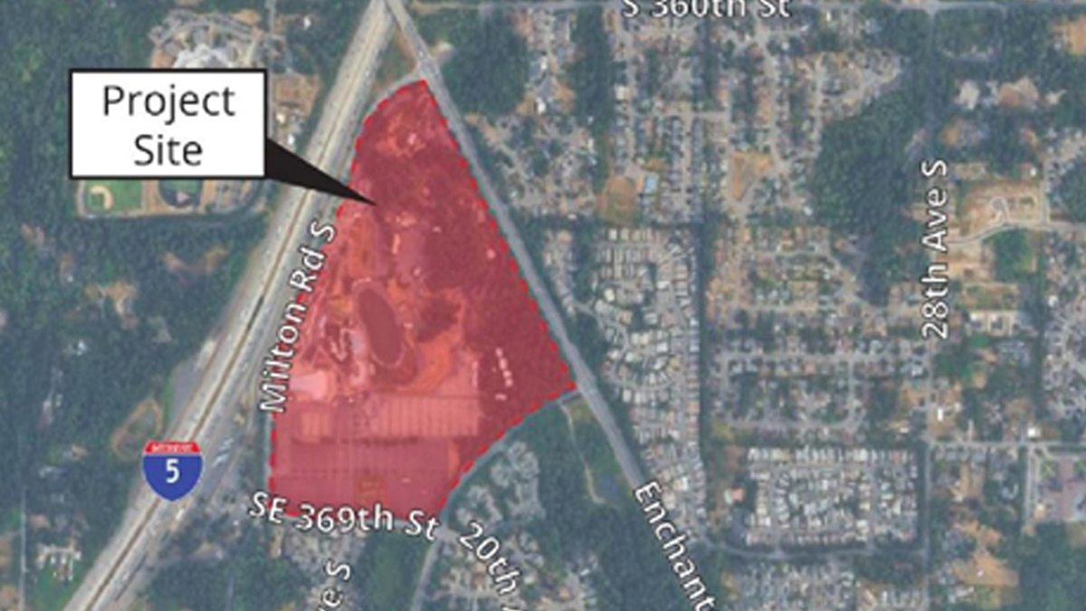 Map showing a designated project site outlined in red along Milton Rd S near I-5, with surrounding streets labeled (SE 360th St, 20th Ave S).