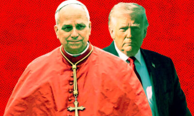 Clergyman in red clerical robes with a gold cross, standing before a man in a dark suit, on a red halftone background.