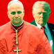 Clergyman in red clerical robes with a gold cross, standing before a man in a dark suit, on a red halftone background.