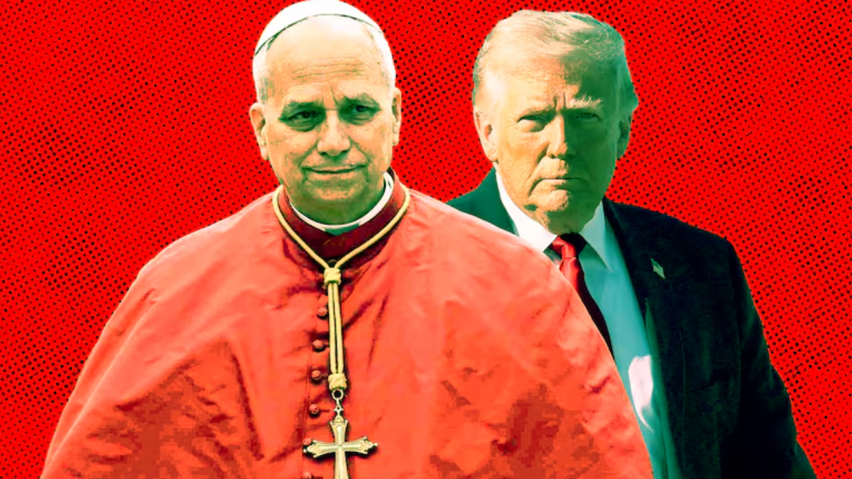 Clergyman in red clerical robes with a gold cross, standing before a man in a dark suit, on a red halftone background.