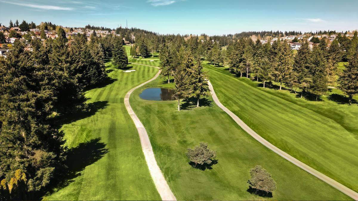 Aerial view of a golf course with winding cart paths, a small pond, and green fairways lined by trees.